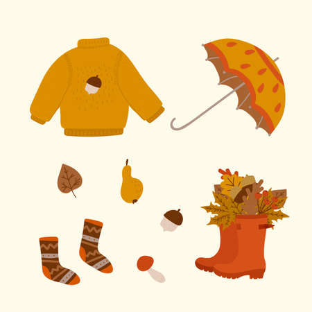 A set of autumn elements. Vector collection of illustrations with clothes, shoes, socks and an umbrella. Cozy November clip art with doodles for autumn designs. Vector illustrationのイラスト素材
