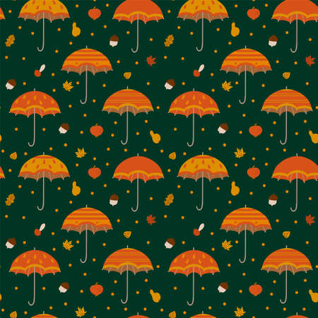 Autumn background with umbrellas. Doodle drawing concept, autumn foliage, umbrellas. Pattern for textiles autumn textiles. Vector illustrationのイラスト素材