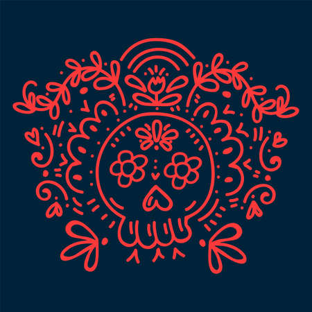 Day of the Dead, background. A greeting card with a skull celebrating Halloween in Mexico. Colorful vector doodle illustration. Vector illustrationのイラスト素材
