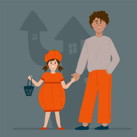 Halloween poster with people. Postcard for the autumn holiday. A child in a pumpkin costume vector illustration. Vector illustrationのイラスト素材