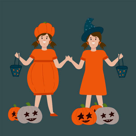 A Halloween poster with kids. Postcard for the autumn holiday of horror stories. People in a pumpkin and witch costume vector illustration. Vector illustrationのイラスト素材