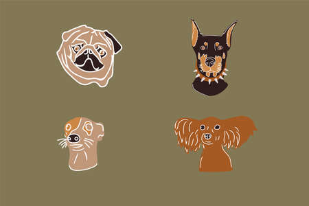 A set of illustrations of pets. Vector portraits with dogs. Different breeds of dogs cute characters. Vector illustrationのイラスト素材