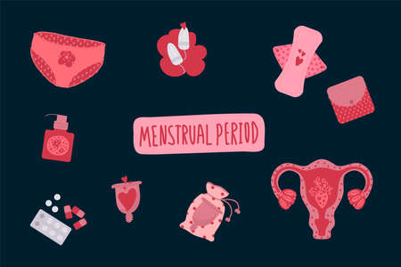 A set of menstruation vectors. Illustration of the female menstrual period. With elements of hygiene...