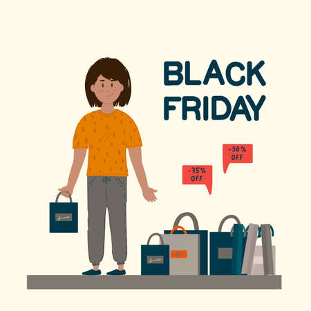 Black Friday sale with people. Poster of characters with shopping bags. Big Discount advertising with a person and shopping discounts on things. Vector illustrationのイラスト素材