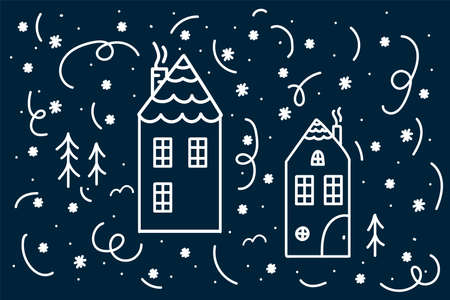 New Years illustration with snow houses in a circle of doodle snowflakes. Christmas scene of winter in a circle of snow. A poster for Christmas and New Year. Vector illustrationのイラスト素材