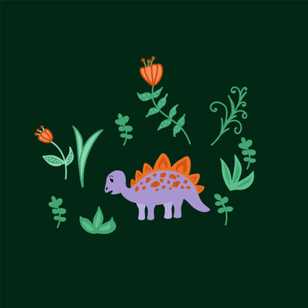 Illustration of a cute dinosaur in a circle of the tropics. Cartoon poster with a wild animal for children. Characters drawn by hand in a flat style. Vector illustrationのイラスト素材