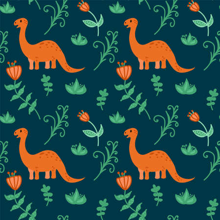 Background with wild dinosaurs among nature. Baby Dino background for kids. Cartoon characters with animals for textiles in doodle. Vector illustrationのイラスト素材