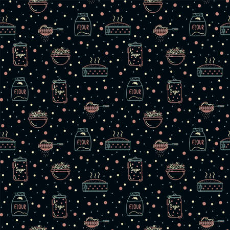 A pattern with baking ingredients. An illustration of muffin and sugar with cooking bowls. The background is a linear doodle for kitchen or bakery textiles. Vector illustrationのイラスト素材