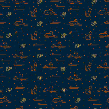 A pattern with Egyptian elements and motifs of the ancient world. Mythological pattern pattern with pyramids in the doodle style. Vector substrate for textiles with Egyptian motifs. Vector illustrationのイラスト素材