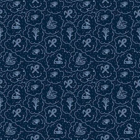 Egyptian elements. A mythological pattern with the Gods of the ancient world. Historical Egypt in the vector for textiles. Vector illustrationのイラスト素材