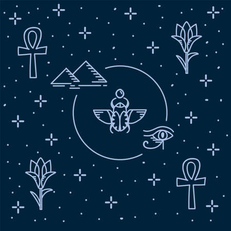 Egyptian elements of a postcard. Modern design with symbols of Egypt of the old and ancient world. Gods, Scarabs, Eyes, Cats, Keys and Pyramids. Vector illustrationのイラスト素材
