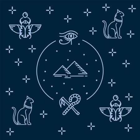 Egyptian elements. Illustrations with symbols of the ancient world of Egypt: Gods, Scarabs, Eyes. Linear pattern of the ancient world of Egypt with pyramids. Vector illustrationのイラスト素材