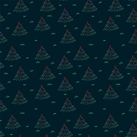 The pattern of the New Year with a pine forest. Modern background of Christmas trees. Doodle pattern...