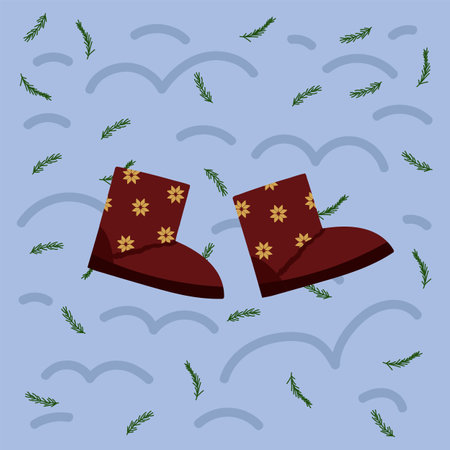 Illustration of warm clothes and shoes. Winter boots for cold weather in a circle of doodle...