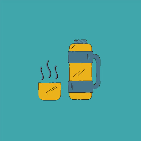 Poster of a flask with a hot drink for camping. Cartoon dishes for relaxing in the forest. Camping vacation with accessories for convenience and life in nature. Vector illustrationのイラスト素材