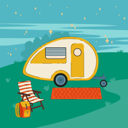 Night illustration of Campers RV on wheels. A poster with a road trailer for a house. A vehicle, Camping cars-caravans, a mobile home. The concept of a mobile home for a country holiday. Vector illustrationのイラスト素材