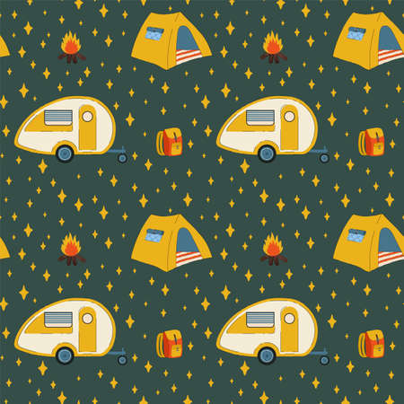 Pattern with tent and RV camping. Colorful background with a mobile home on wheels for relaxing in the forest. Camping, auto-caravan, travel. Living in nature in a camping house. Vector illustrationのイラスト素材