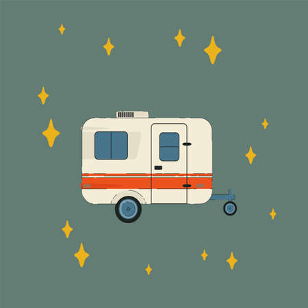 Illustration of a Camper RV. Trailer for a roadside house in the circle of stars doodle. A caravan,a...