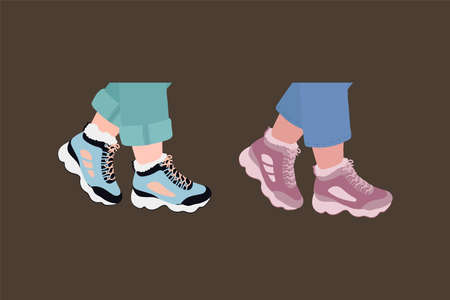 A collection of womens and mens feet in sneakers. Sports shoes for running, sneakers, shoes, boots. Vector illustration of human feet in shoes for poster design. Vector illustrationのイラスト素材