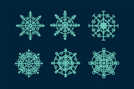 A set of blue snowflakes for a winter illustration. Christmas and New Year elements of winter. Crystal snowflakes for design. Vector illustrationのイラスト素材