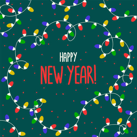 A poster with winter New Year's motifs. Happy New Year card with garlands. Winter Christmas card. Vector illustrationのイラスト素材