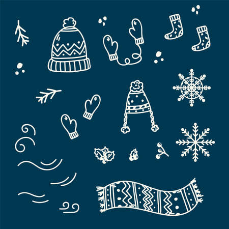 Vector set of winter doodle elements. Snowflakes, clothing items and accessories with new year symbols. A collection of illustrations made by hand for the design of a postcard. Vector illustrationのイラスト素材