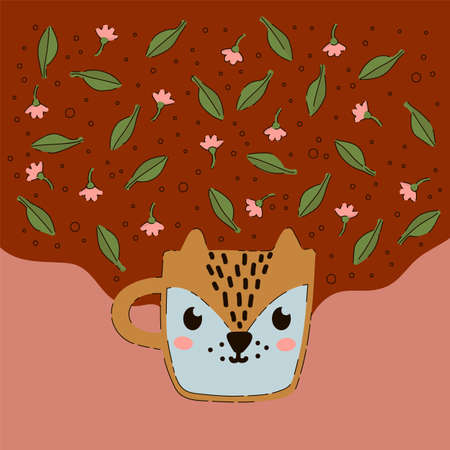 Cartoon illustration of a cup of tea. A cup with ears on the background of flower tea. A poster for a tea party. A hand-drawn pattern with leaves and flowers. Vector illustrationのイラスト素材