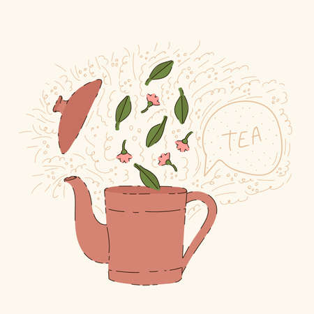 A poster for a tea party. Hand-drawn tea time. Vector illustration of a teapot with tea leaves. In the circle of the doodle pattern. Vector illustrationのイラスト素材