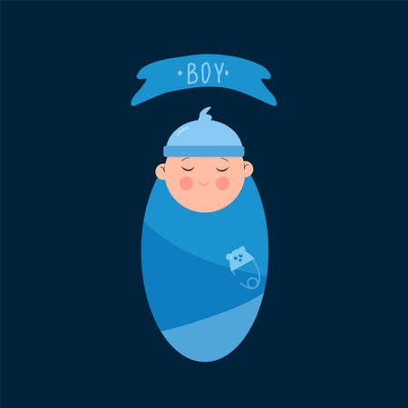 Portrait of a newborn baby. An illustration with a child in clothes for a boy. Vector picture for a blue childrens postcard. Vector illustrationのイラスト素材