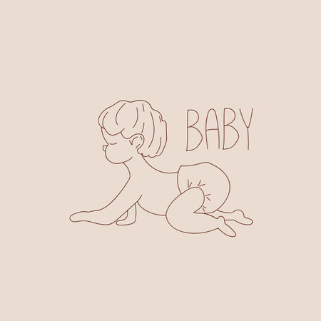 Linear illustration of a newborn baby. The baby is crawling in diapers.のイラスト素材