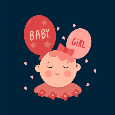 Illustration for a newborn baby. A childrens postcard with a girl. A beautiful sticker or poster. Greeting card for Gender Reveal Party. Vector illustrationのイラスト素材