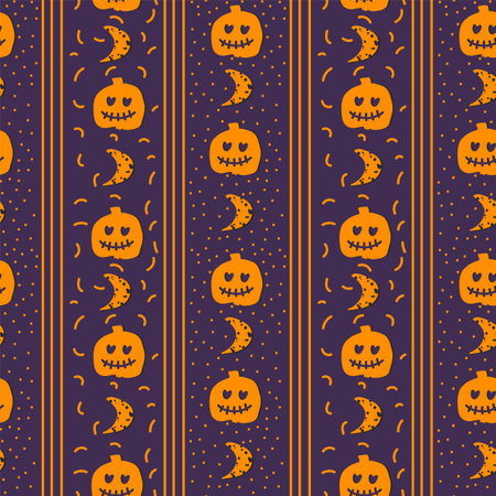 The background is orange with a pumpkin. A pattern with a carved pumpkin with a scary face for Halloween. Backing for wrapping paper or textiles. Vector illustrationのイラスト素材