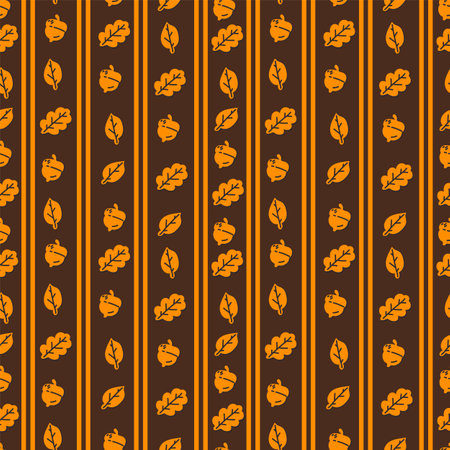 The background is a simple orange autumn striped. Autumn acorn, leaves. Beautiful wrapping paper for the October Halloween carnival. Vector illustrationのイラスト素材