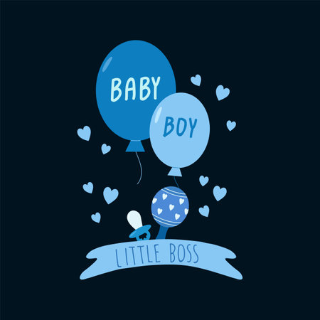 Poster with Vector baby elements. Postcards with Balloons and toys for a boy. Homemade blue baby templates. Vector illustrationのイラスト素材