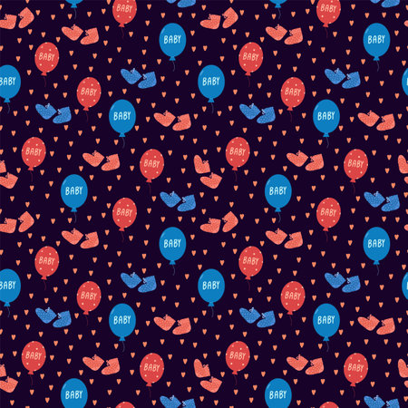 A pattern for a newborn baby. Illustration of cute cartoon accessories in red and blue colors. Background for a childrens room on a dark doodle background. Vector illustrationのイラスト素材