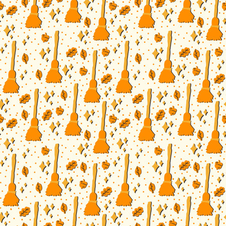 Pattern for Halloween textiles with a witchs broom. The substrate is in black and orange with autumn leaves. Background for childrens textile doodle. Vector illustrationのイラスト素材