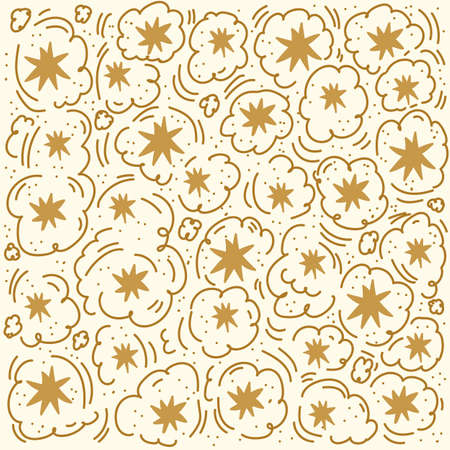 Gold Star postcard. The stars in the Doodle circle are hand-drawn. Shimmering on beige cute texture. Sky pattern with stars for gift paper. Vector illustrationのイラスト素材