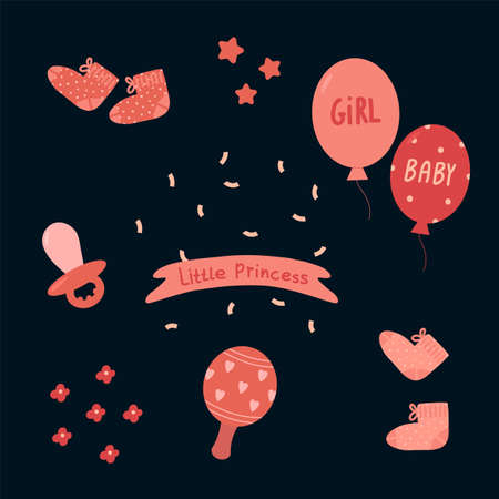 A collection of vector elements of illustrations for a newborn baby. Pink balloons, inscriptions Girl, nipple, rattle. The design of a postcard or poster of a girl. Vector illustrationのイラスト素材