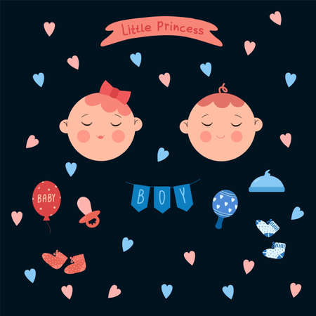 A collection of design elements for newborn babies. Pink and blue balloons, inscriptions Girl and Boy. The design of a postcard or poster of a girl and a boy. Vector illustrationのイラスト素材