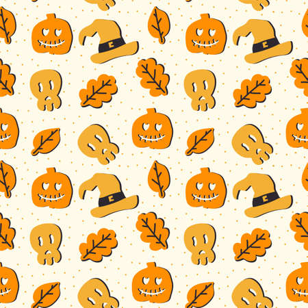 Orange pumpkin pattern for Halloween. Background with illustrations of pumpkin, leaves, skull, witch doodle hat. Beautiful wrapping paper for Halloween celebration. Vector illustrationのイラスト素材