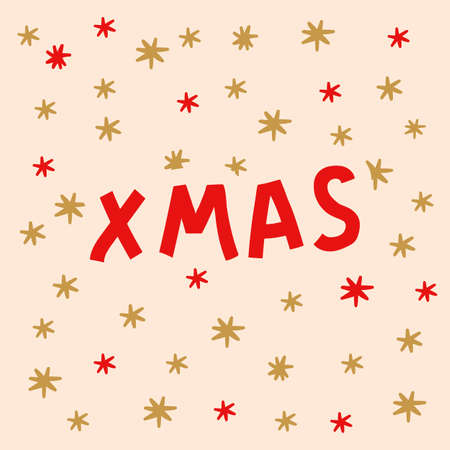 Doodle postcard with gold and red stars. The Christmas card is beige with a Red XMAS inscription. Christmas gift card. Vector illustrationのイラスト素材