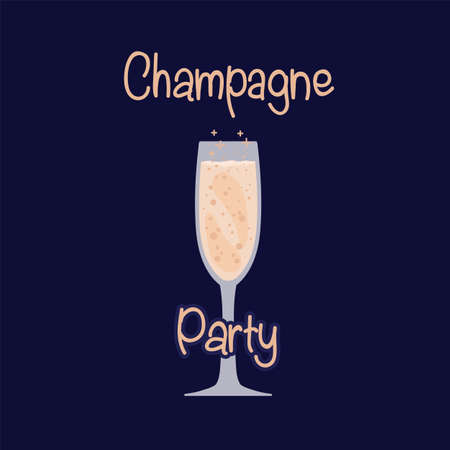 A glass with the inscription Champagne party. Beautiful wine glasses for the event. Alcoholic sparkling drinks with inscriptions. Vector illustrationのイラスト素材