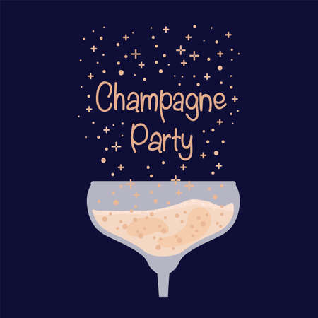 Poster for a champagne party. Retro Party invitation on a dark background. Beautiful wine glasses with alcoholic sparkling drinks. Vector illustrationのイラスト素材