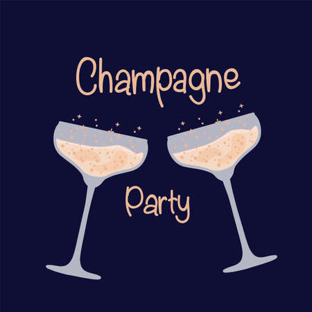 Champagne glasses for a party. Retro Party Festival on a dark background. Beautiful wine glasses with cocktail and alcoholic beverages. Vector illustrationのイラスト素材