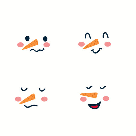 Set of Snowman Characters faces. With a smile and a carrot for a nose. A beautiful set for a postcard or poster for the New Year. Vector illustrationのイラスト素材