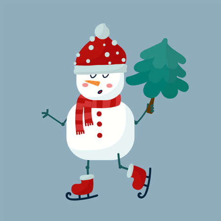 A snowman with a Christmas tree in his hand. A character from the snow is skating. A postcard or poster for the New year or Christmas with a cheerful little man. Vector illustrationのイラスト素材