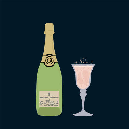 Illustration of a Champagne bottle with a glass. Sparkling wine in a green bottle with retro glasses. Poster for a champagne party. Vector illustrationのイラスト素材