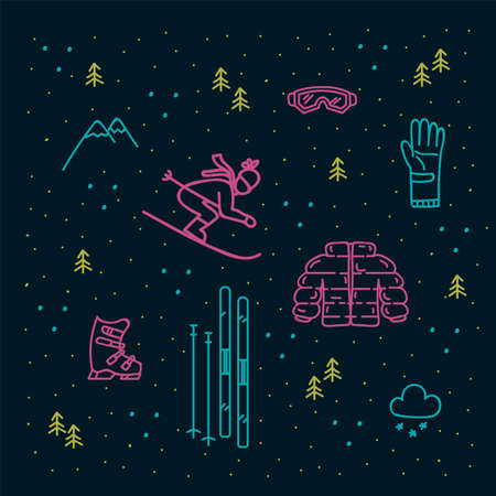 Skiing pattern. Winter sports in a colored linear background. The background of a skiers pictogram with accessories and clothes for sports. Vector illustrationのイラスト素材