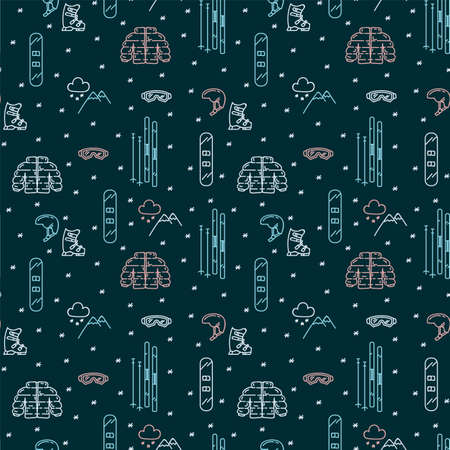Pattern with skiing and clothing. Winter sports in the mountains, clothes for the cold winter. A substrate of pictograms for textiles. Vector illustrationのイラスト素材