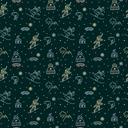 Skiing background doodle. Color cold season and active travel. Pattern with warm clothes, snowboard and snow for textiles. Vector illustrationのイラスト素材